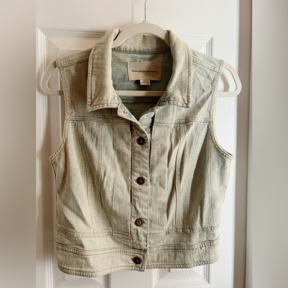 Denim Vest S to M deer 🦌 skull rose 🌹 appliqué embroidered light wash blue - Picture 7 of 14